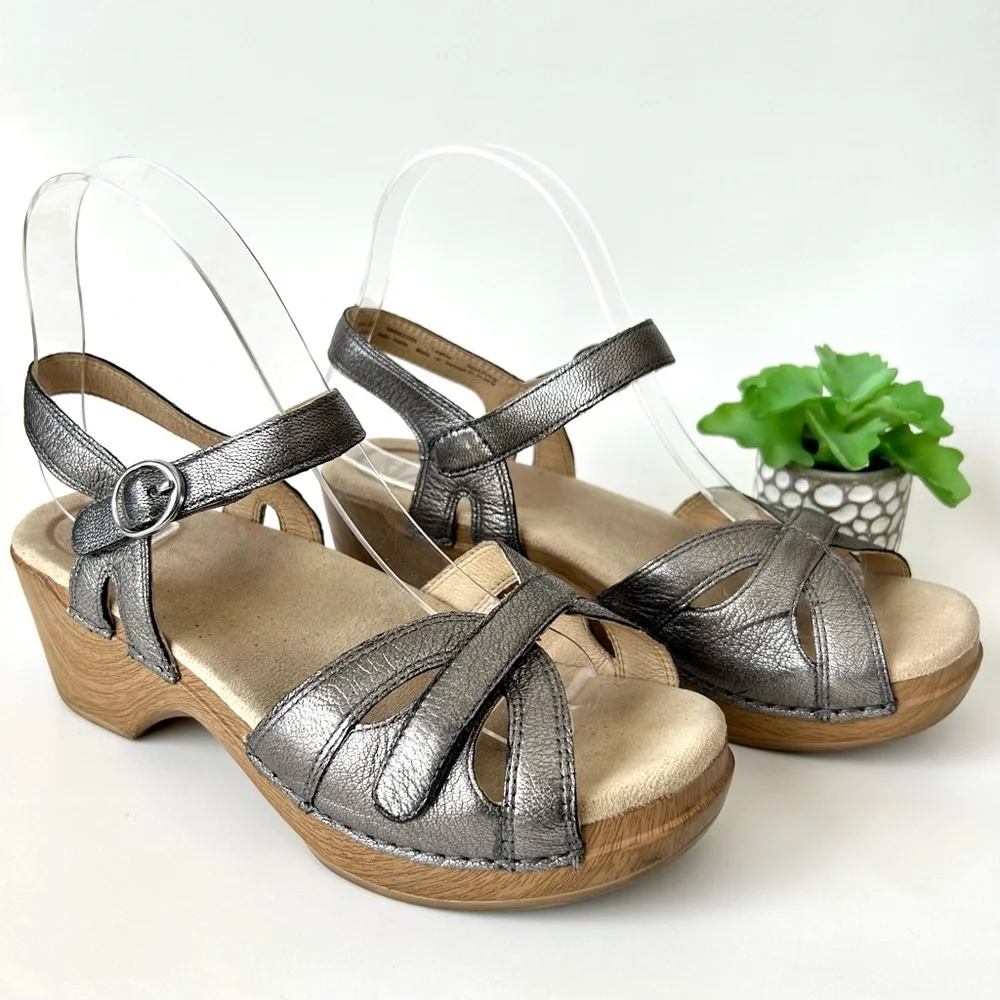 Dansko Season Silver Graphite Leather Sandals Platform Velcro Ankle Strap 36